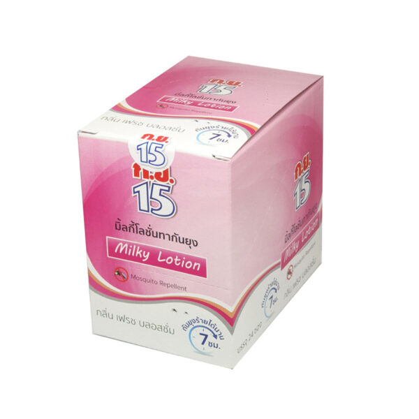 ก.ย.15 มิ้ลกี้โลชั่น เฟรชบลอสซั่ม ซอง 8 ก. (กล่อง24ซอง)   
Kor Yor 15 Mosquito Repellent Milky Lotion Fresh Blossom
